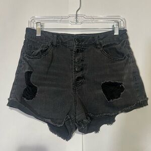 Refuge Women’s Charcoal Black Distressed Denim Shorts Size 6 Grunge Skater